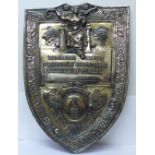 A large plated shield shaped plaque, Annual Trophy, Birmingham Saturday Trophy Federation of