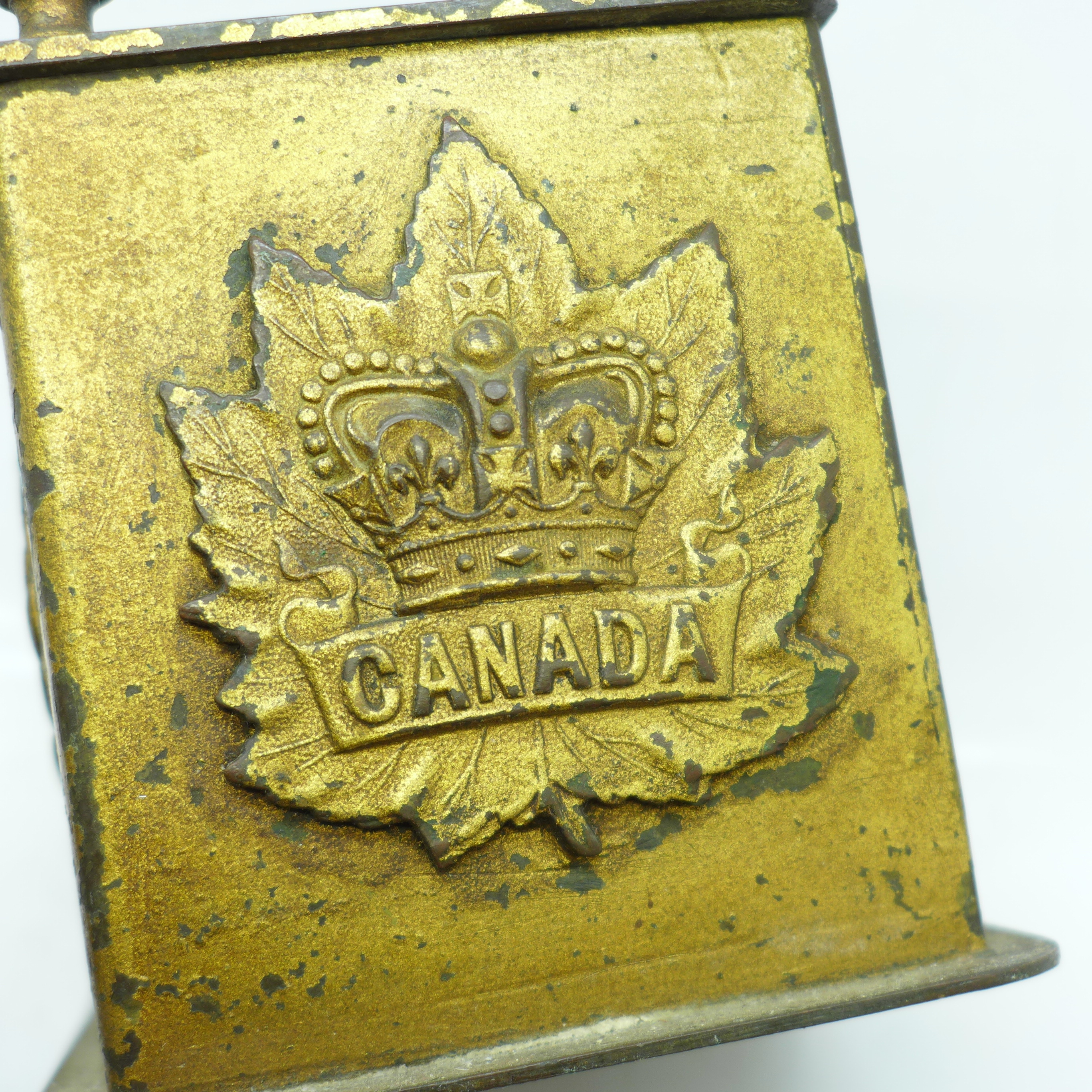 A money box with regimental badges, a magnifying glass with mother of pearl handle and an onyx - Image 5 of 7