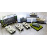 A collection of miniature model tanks including Modern Grand Armour British Challenger II small