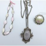 A silver and quartz set pendant and chain, a silver and mother of pearl bracelet and a mother of