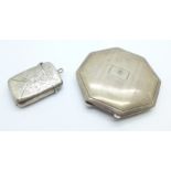 A silver vesta case, hinge a/f, and a silver compact, a/f, 94.8g