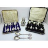 A cased set of six silver Walker and Hall teaspoons, a cased set of six silver coffee spoons, two