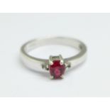 A 9ct white gold, red and white stone ring, 2.6g, N