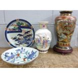 Two oriental plates and two vases, tallest vase 34cm with stand