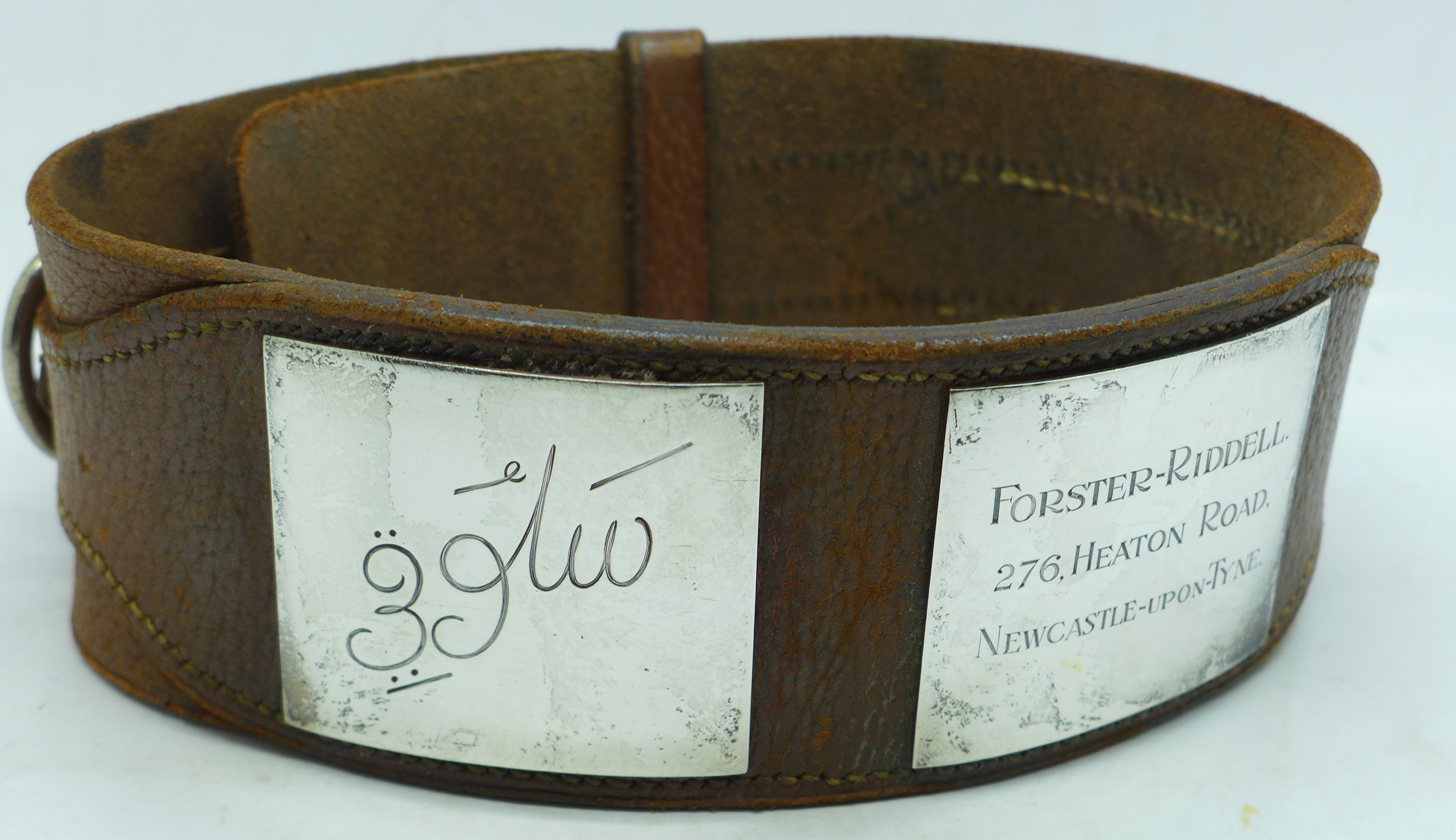 A leather greyhound collar with owner's name and dog's name