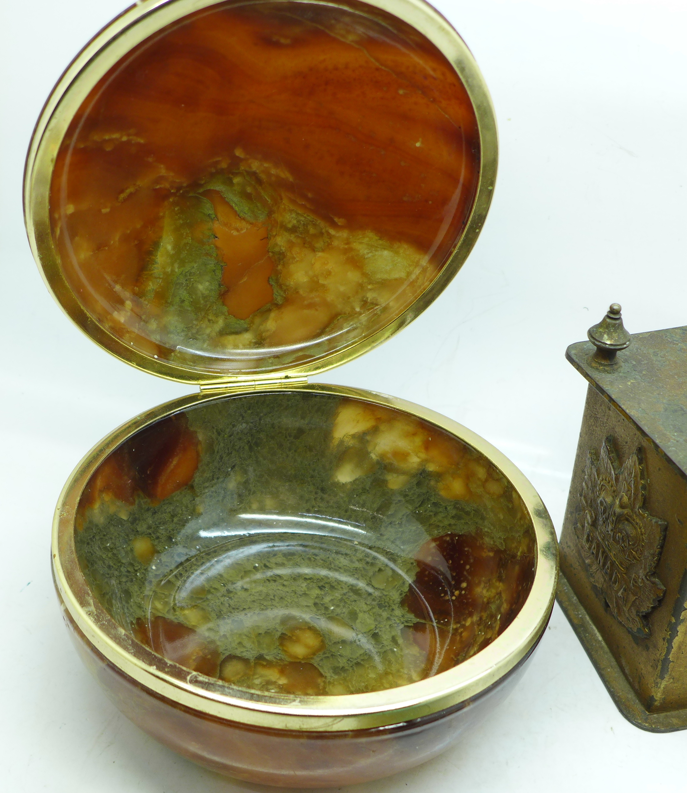 A money box with regimental badges, a magnifying glass with mother of pearl handle and an onyx - Image 7 of 7