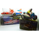 Two Chinese tin-plate toys, clockwork motorcycle and a Great Flying Boat, boxed
