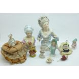 Five pin cushion dolls, largest with backstamp 9400, and five other items, (largest a/f, fingers)