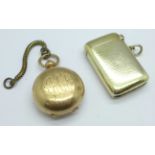 A gold filled sovereign holder, (dented), and a continental silver vesta case