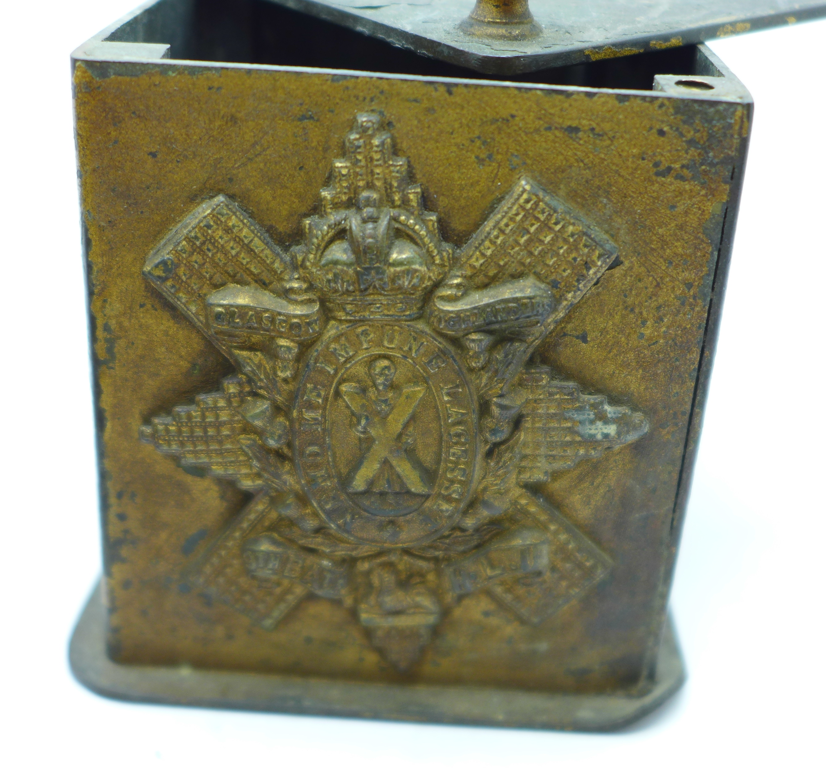 A money box with regimental badges, a magnifying glass with mother of pearl handle and an onyx - Image 2 of 7