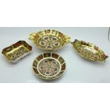Four items of Royal Crown Derby, three pin dishes and one other larger dish, width 16cm