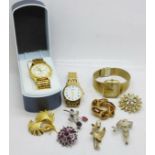 Seven costume brooches and three wristwatches, Rotary, Accurist and Lorus
