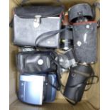 A collection of cameras including Corona and Comet, and lenses including Praktica, Hanimar and