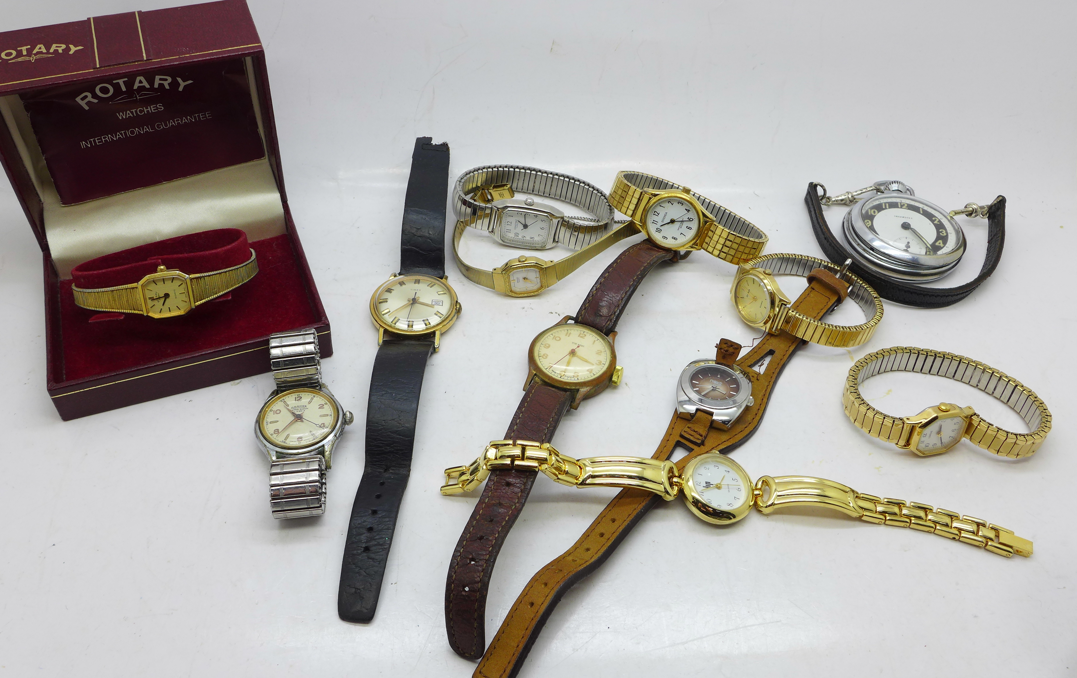 A collection of wristwatches including Roamer, Timex, Casio and Sekonda, an Ingersoll pocket watch