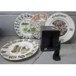A collection of coal mining memorabilia including collectors plates, a figure and a glass tankard