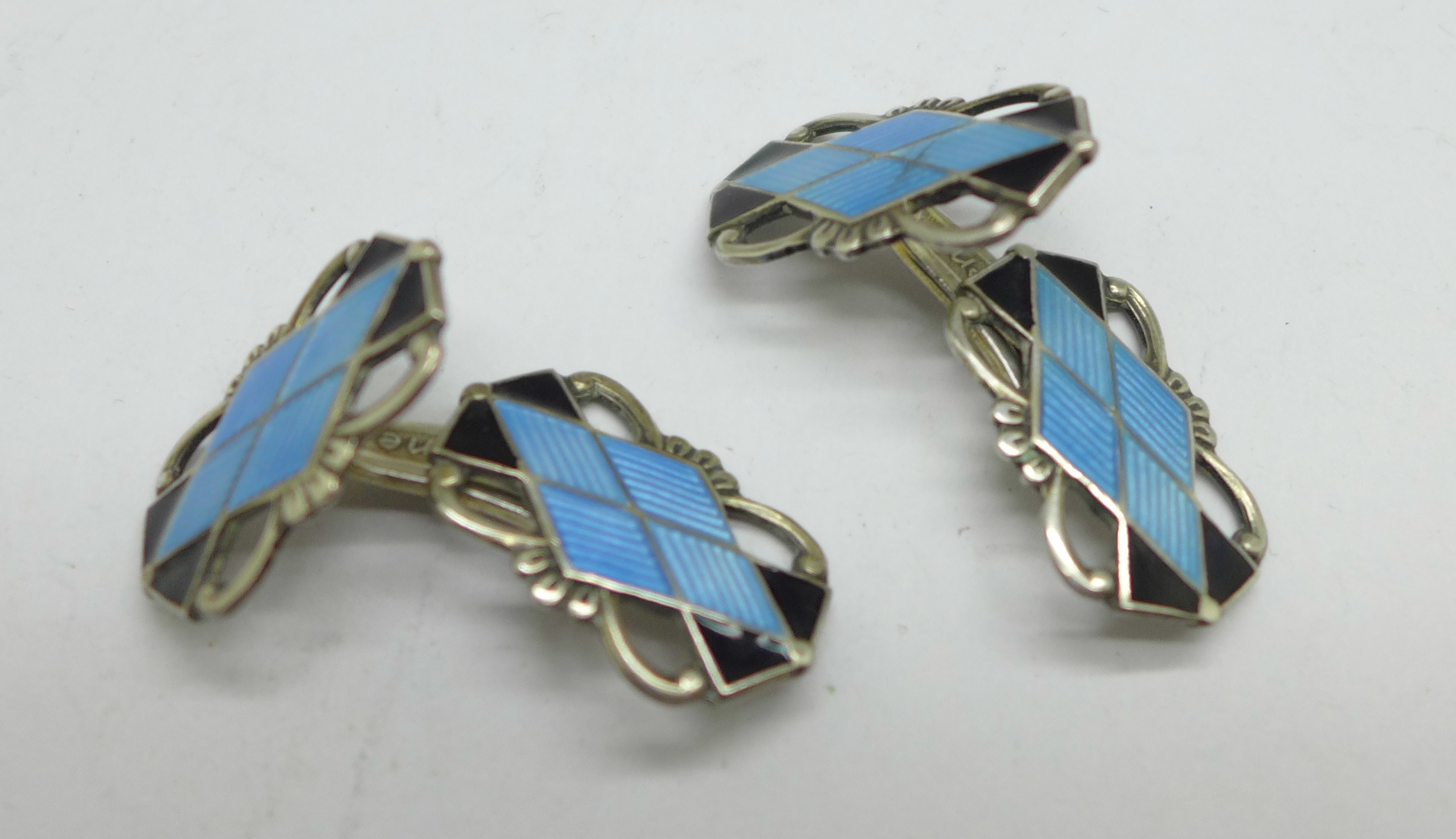 A pair of blue and black enamel over silver cufflinks, marked 925 and Norne, with Norwegian mark - Image 2 of 2