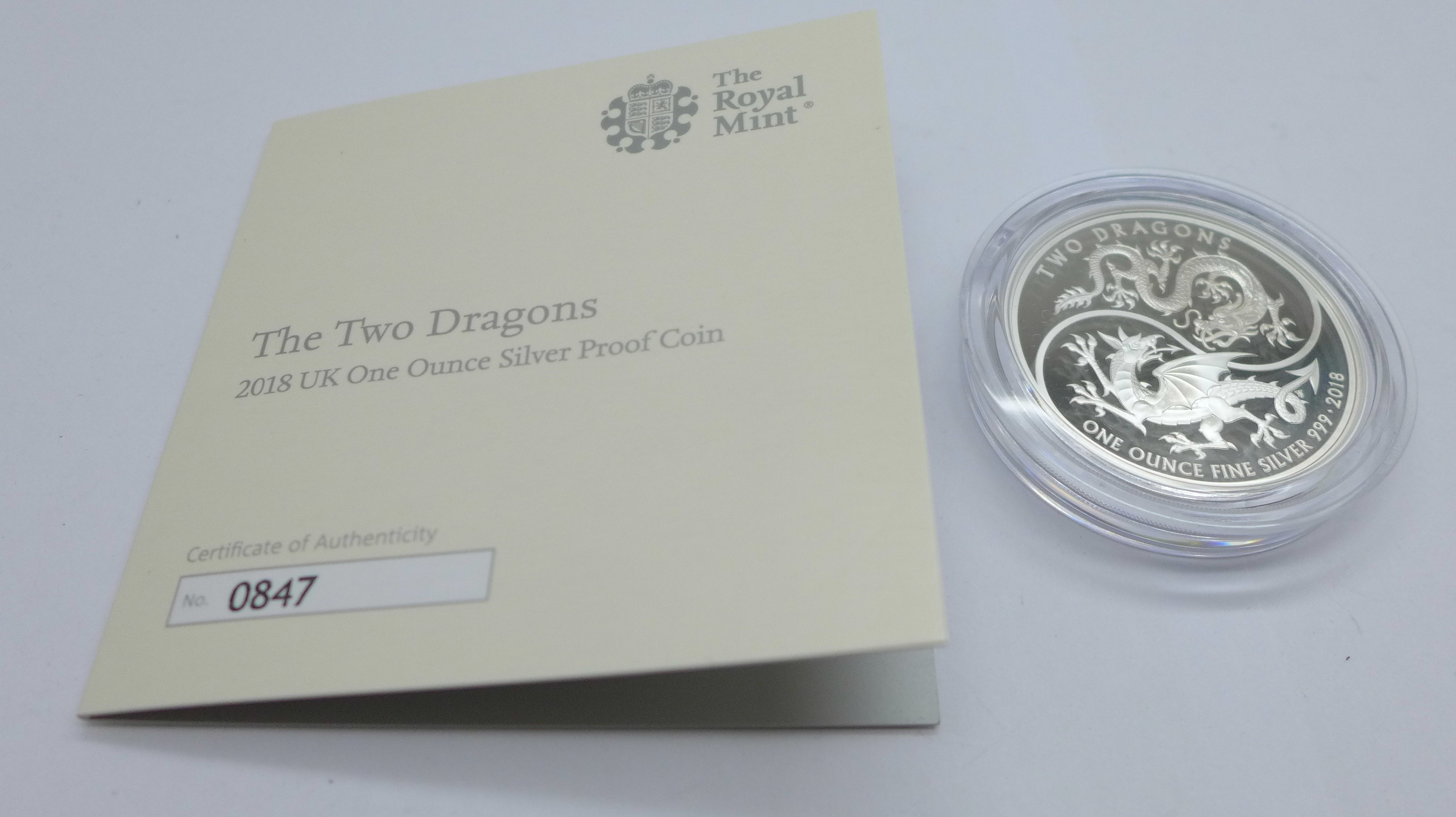 The Two Dragons 2018 UK one ounce fine silver proof coin with Certificate of Authenticity, no. 0847