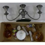 A three branch plated candelabra, a Doulton Lambeth silicon posy vase, three glass paperweights,