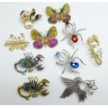 Ten animal/insect brooches