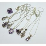 Seven silver and amethyst pendants and chains and a silver and amethyst ring, N