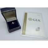 A platinum set marquise brilliant cut diamond solitaire ring, 0.59carat diamond weight, with GIA