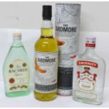 A bottle of Ardmore single malt whisky, boxed and a half bottle of vodka and Bacardi, (3)