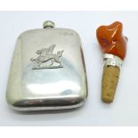 A German 800 silver mounted and amber bottle stopper, c1930's, and a hip flask