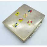 A white metal box with enamelled/painted flags, tests as silver, Navy sweetheart box, spelling 'I
