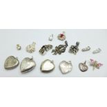 Four silver heart shaped lockets and eleven silver pendants