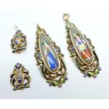 A pair of yellow metal and enamel pendant earrings, for repair, border enamel a/f, height of main