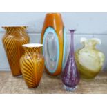 Five glass vases, tallest 35cm