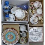 Three boxes of mixed decorative china, tea sets, Staffordshire bathroom set, Clarice Cliff oval