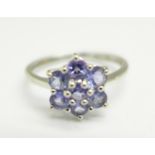 A 9ct white gold, blue stone cluster ring, 1.8g, N