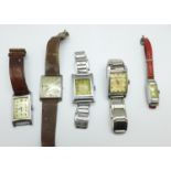 Five wristwatches, a/f