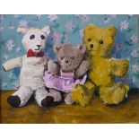 Three Teddy bears, oil on board, indistinctly signed, framed, 19 x 24cms