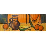 Crispin Akerman, still life, acrylic on panel, framed 36 x 97cms,