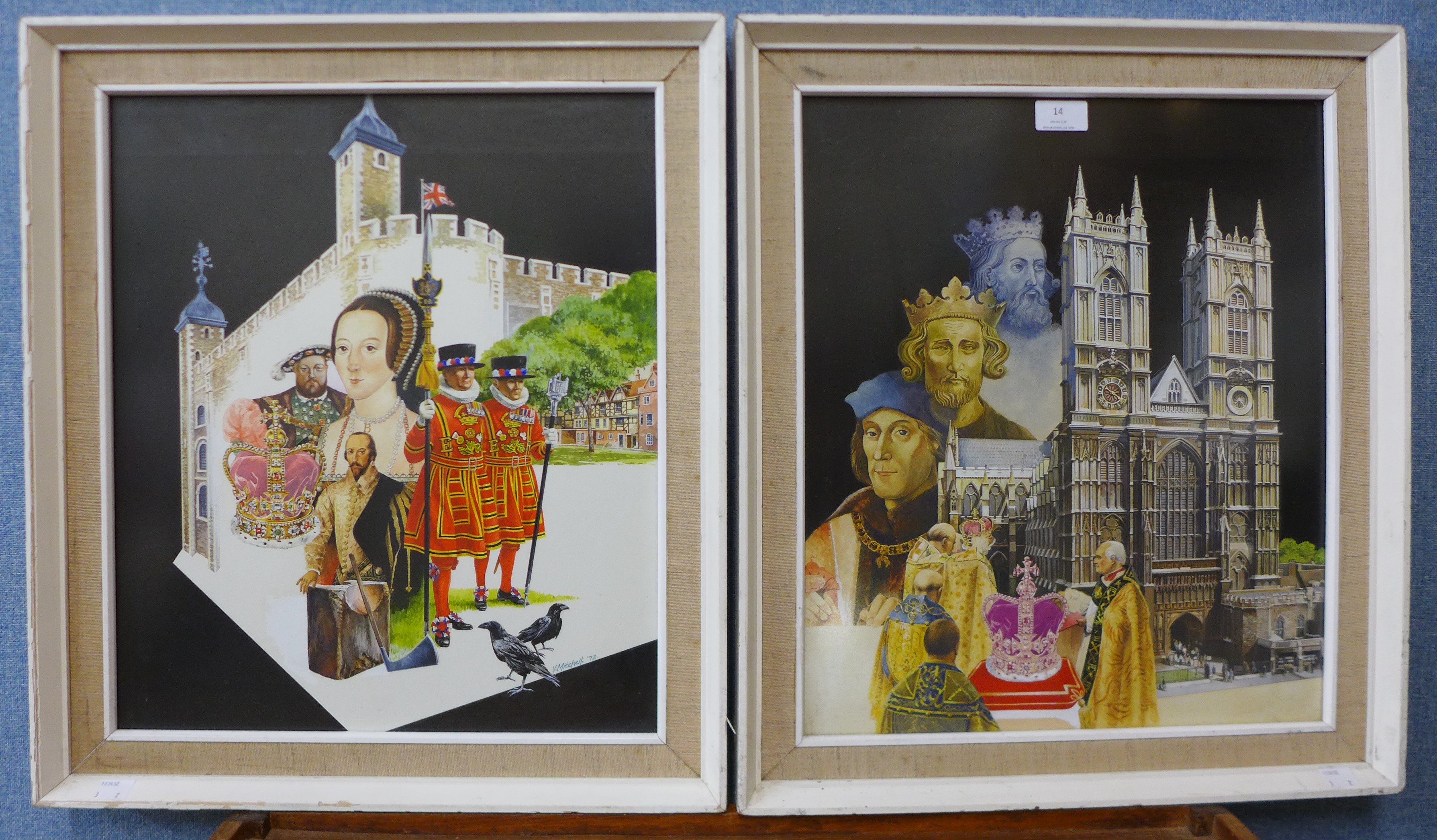 V. Mitchell, pair of historical collages, mixed media, dated 1972, framed, each 34 x 38cms - Image 3 of 3