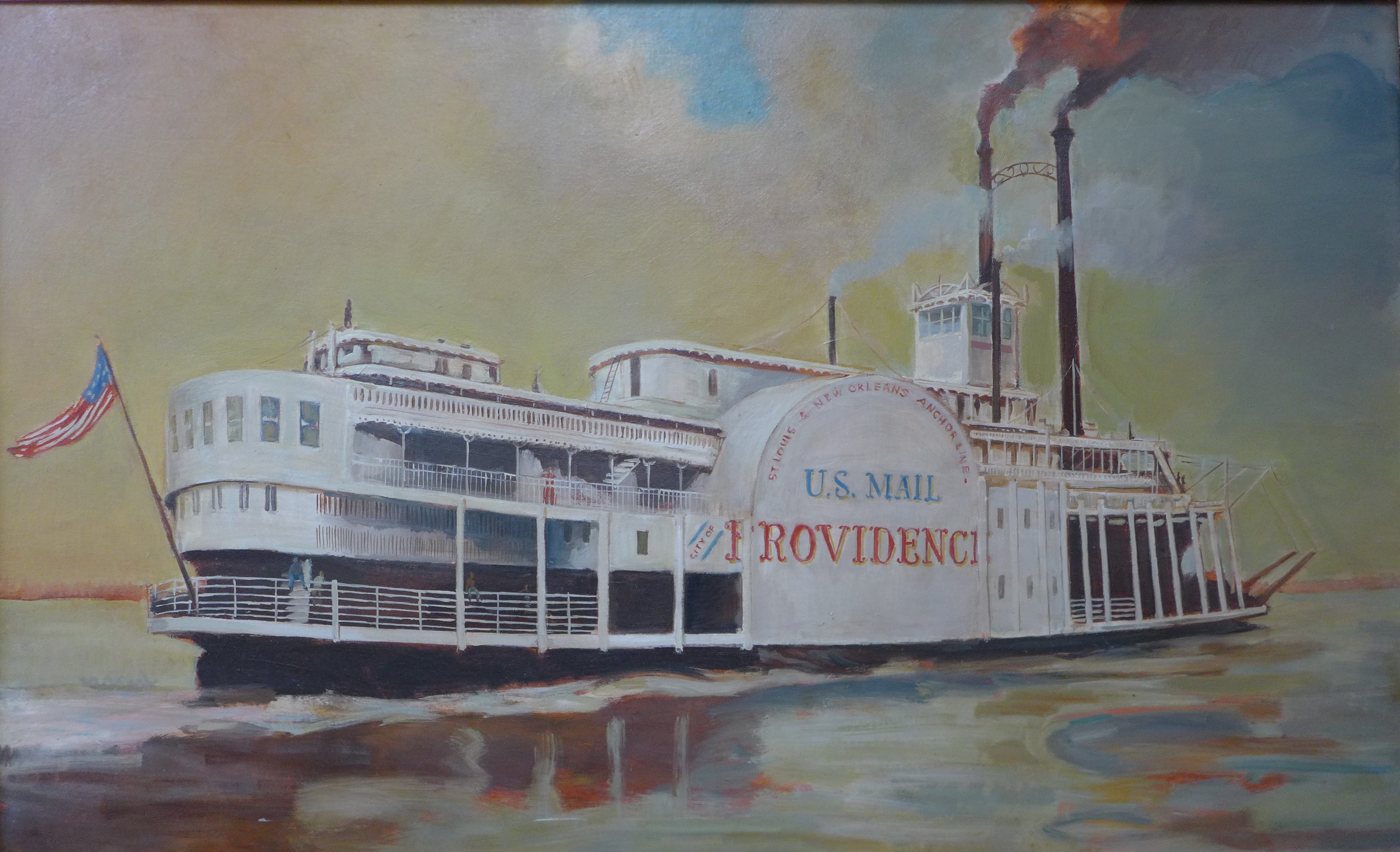 'US Mail Providence', St Louis and New Orleans Anchor Line paddle steamer, oil on board, unsigned,
