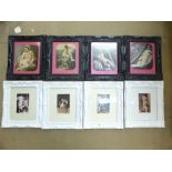 Two sets of four framed risque prints