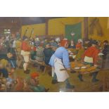 Martyn Evans, Belgian School style set of three Medieval gatherings, watercolour, framed, 47 x 68cms