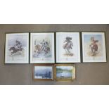 Four military prints and two landscape oils, framed