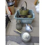 Metalware including brass jam pan, copper saucepan, etc.