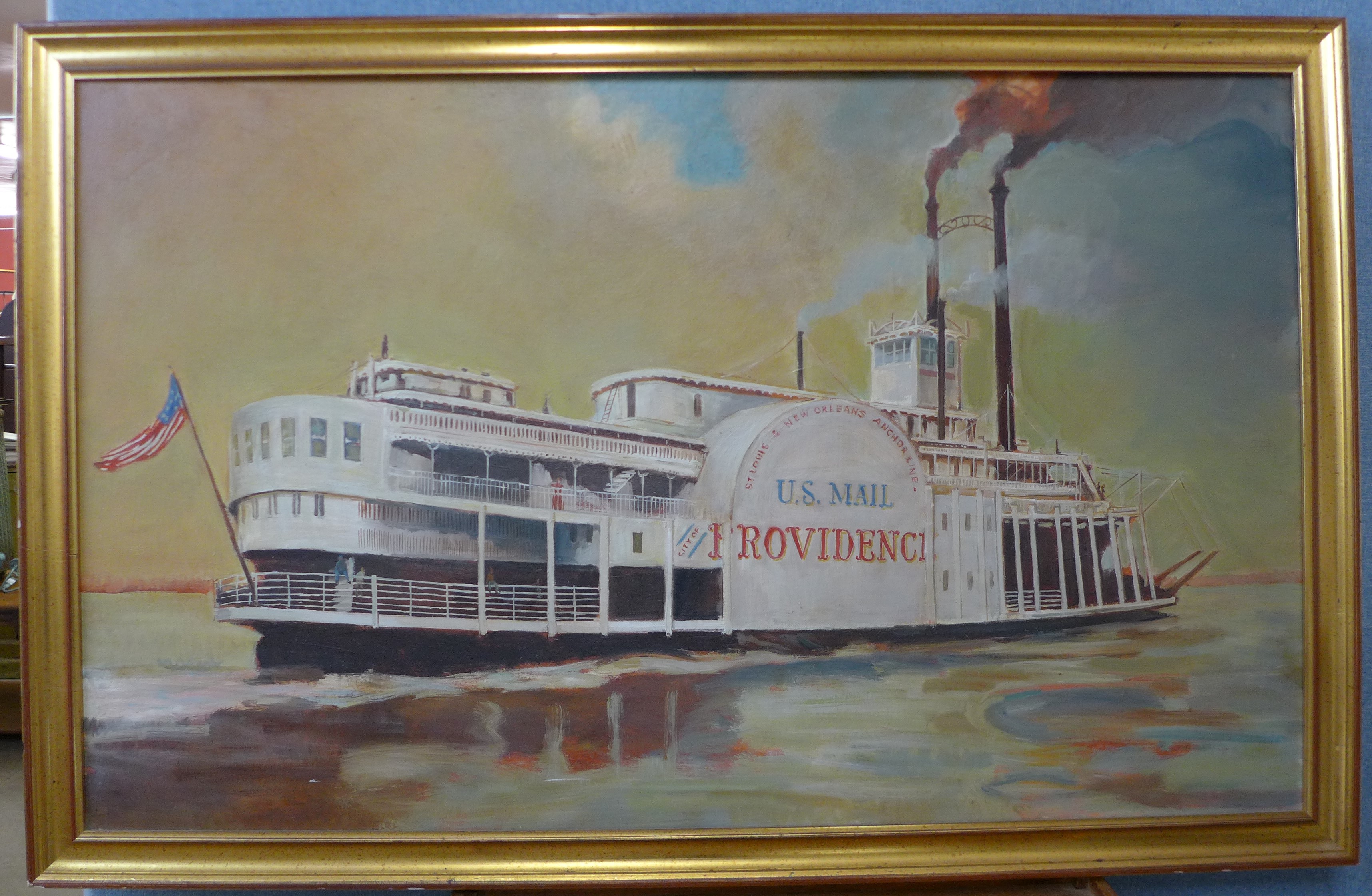 'US Mail Providence', St Louis and New Orleans Anchor Line paddle steamer, oil on board, unsigned, - Image 2 of 2