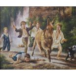 V. Cole, children with a donkey playing, oil on canvas, framed, 50 x 59cms