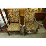 A pair of French carved walnut and upholstered fauteuils