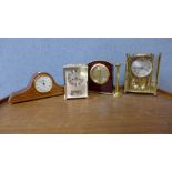 Four modern quartz mantel clocks, Knight Gibbons, Fox & Simpson etc.