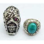 Two silver rings, one 'zombie' and one set with a turquoise coloured stone, W and Q