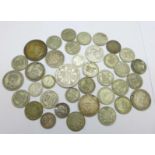 A collection of pre 1947 silver coins including pre 1920, threepences, sixpences, shilling and