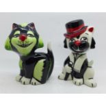 Lorna Bailey Growler the Cat and Fred Astaire inspired Moonlight the Cat, both approximately 14cm