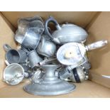 A box of metalwares including hammered pewter teapot and condiments, plus flatware **PLEASE NOTE
